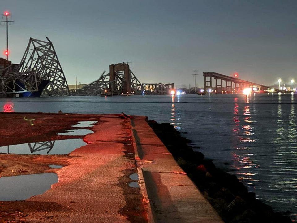 Key Bridge Collapses into Patapsco River in Baltimore After Vessel Hits Support Column; State of Emergency Declared