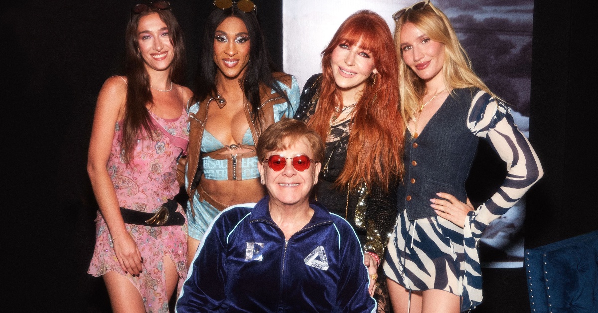 Sir Elton John with Bella Tilbury, Michaela Jaè Rodriguez, Charlotte Tilbury, Sofia Tilbury backstage at Glastonbury