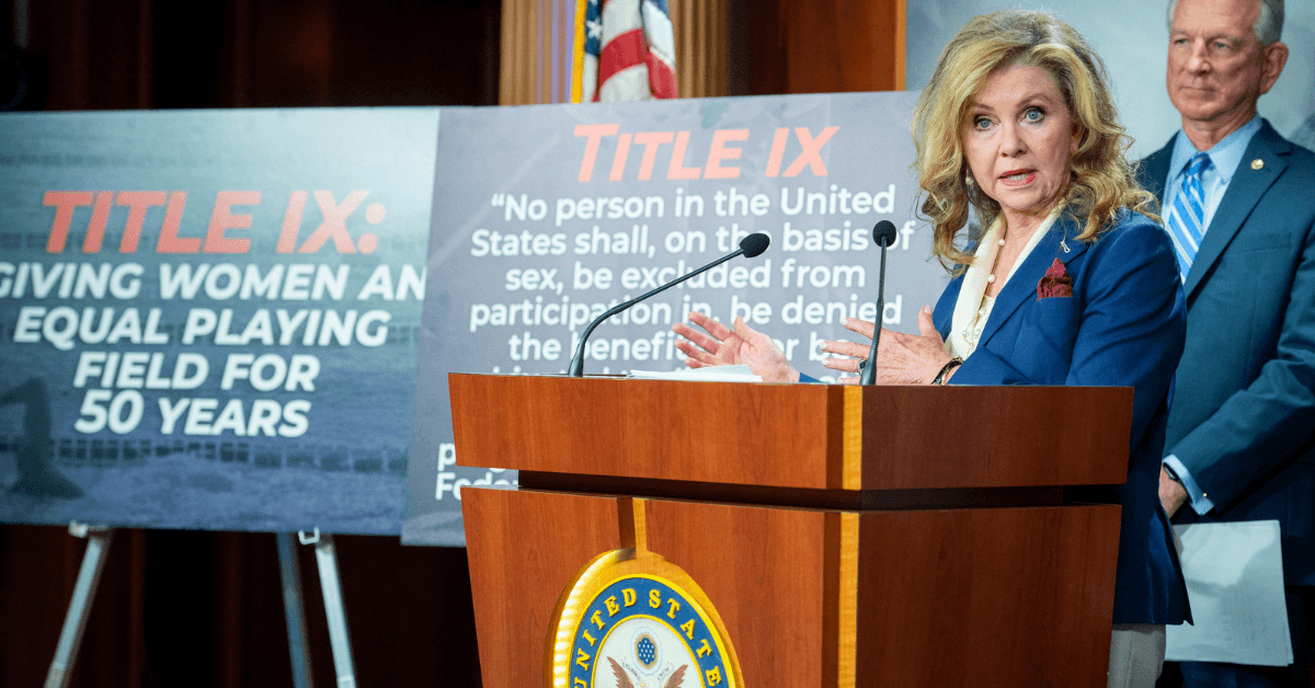United States Senator Marsha Blackburn (Republican of Tennessee) offers remarks on 50th Anniversary of Title IX at the US Capitol in Washington.