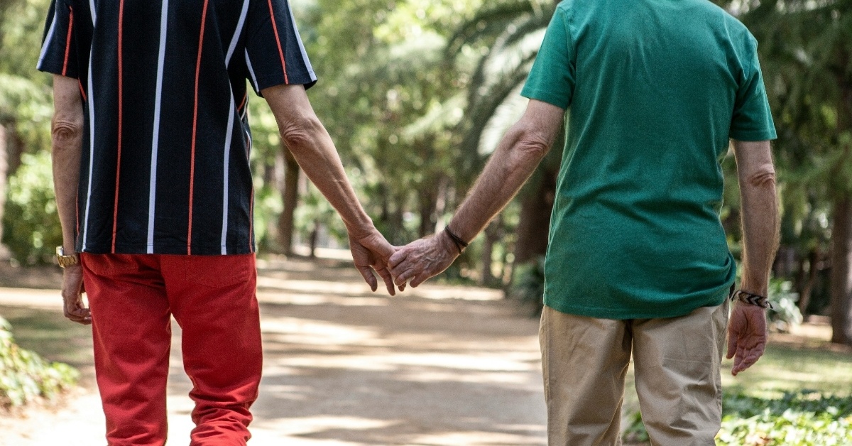 Old gay couple walking in park