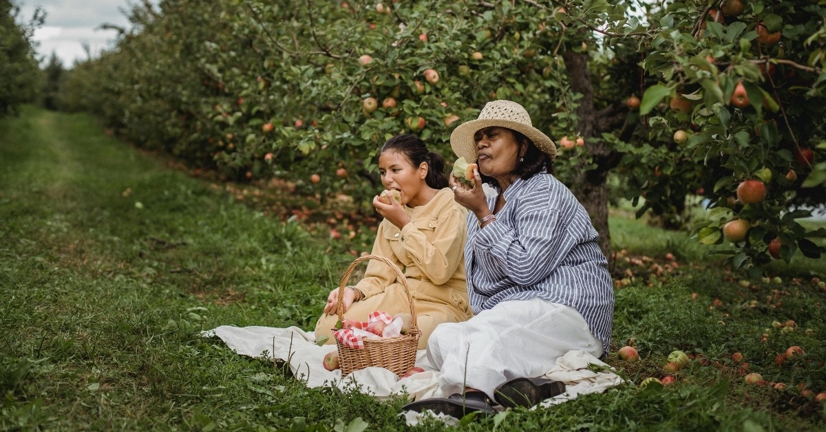two women enjoy apples on the grass at orchard