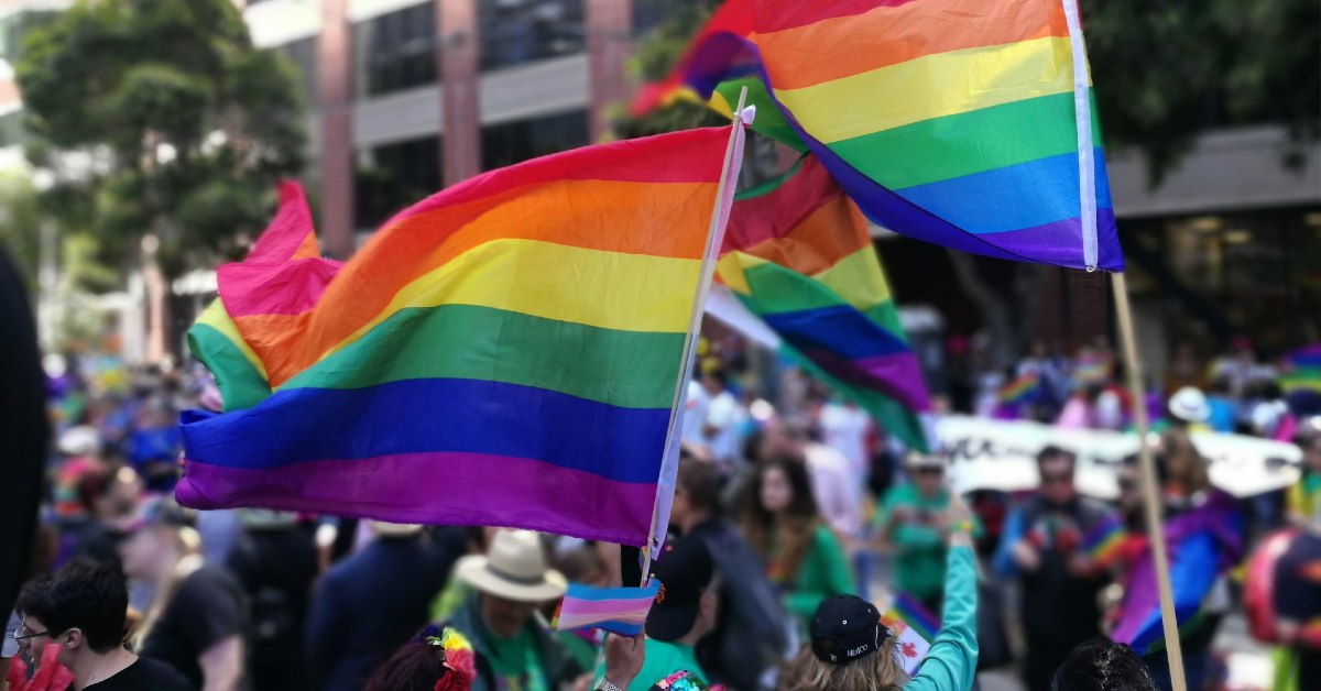 two LGBTQIA+ flags being waved at a parade