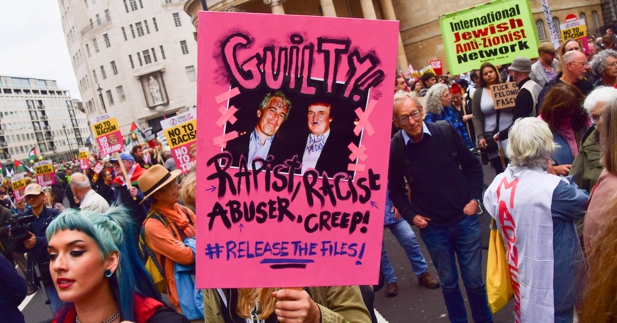 A protest calling for the Epstein files to be released.